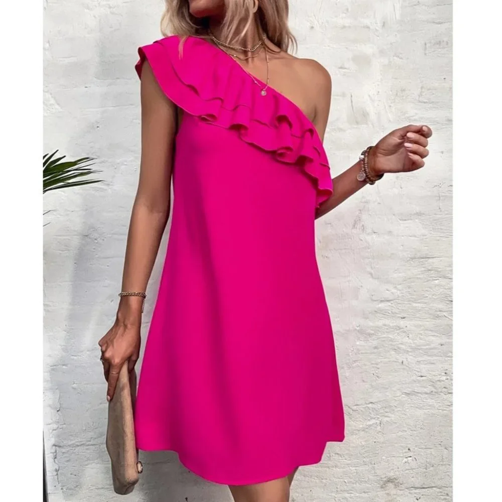 One Shoulder Ruffle Detail Tunic Mini Dress Vacation Hot Pink - Picture 2 of 8